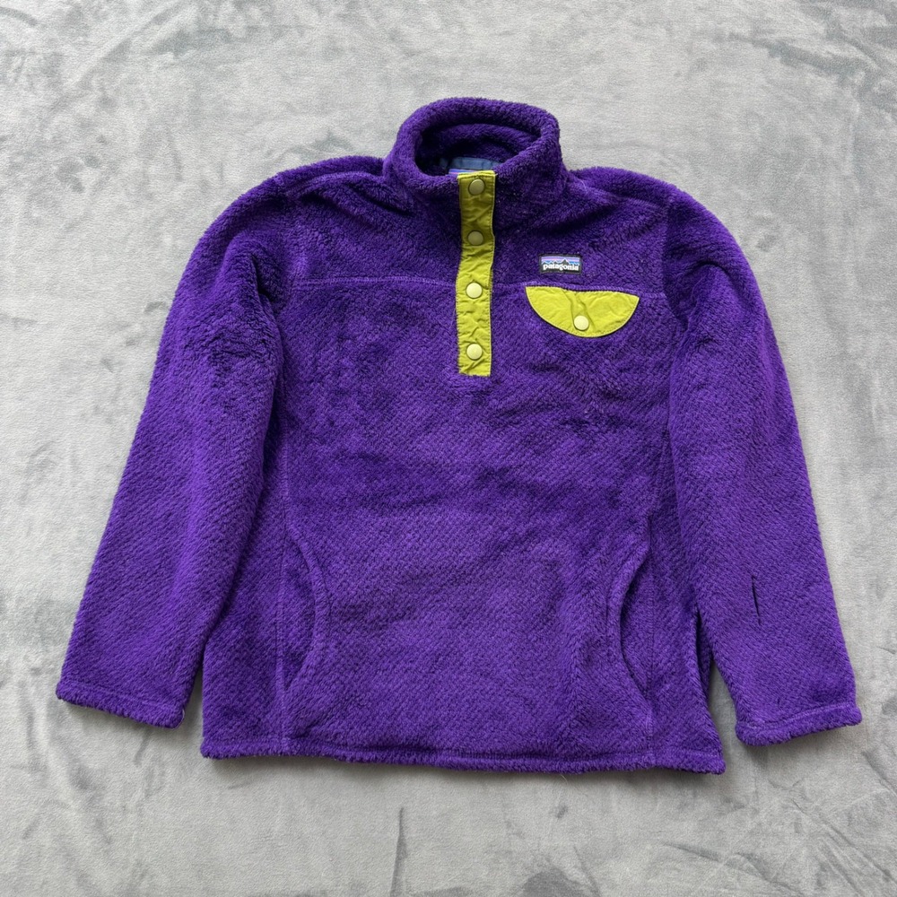 Patagonia Girls M 10 Re-Tool Snap-T Fleece Pullover Purple Lime Green 65585